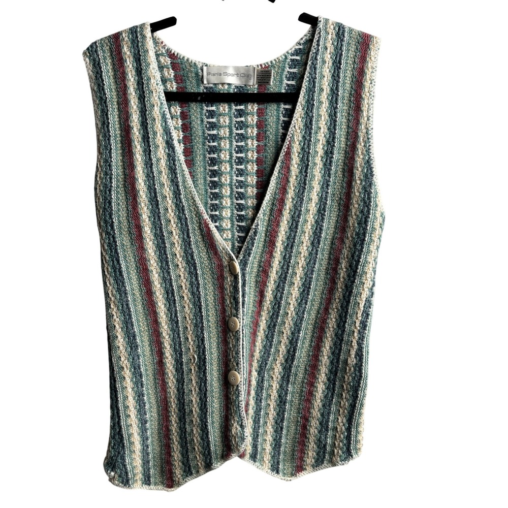 Paris Sport Club Vintage 90s Knit Vest M Striped Cotton V-Neck USA Cottage Boho